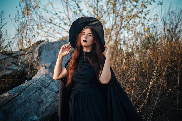 Une Jeune Sorcière Peau Pâle Aux Lèvres Noires Vêtue Chapeau — Photo