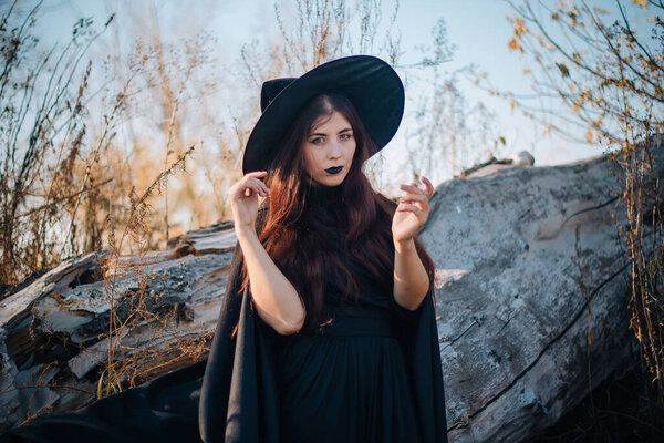 A young witch with pale skin and black lips, wearing a black hat, dress and cloak. In autumn, against the background of a fallen tree, yellow, dried grass and blue sky. halloween, magic, fantasy image.