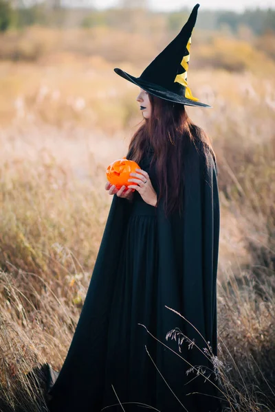 Young Witch Pale Skin Black Lips Black Hat Dress Cloak — Stock Photo, Image