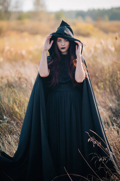 A girl in a black dress, a cloak with a hood stands in a high dry grass in the field against the background of the forest. Witch Costume, Satanist, Necromancer, Halloween Costume.