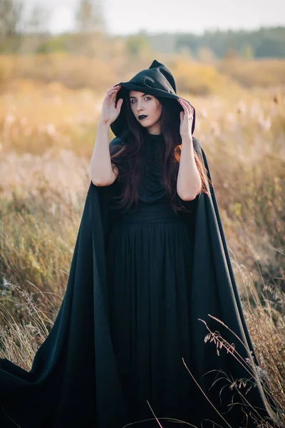 Girl Black Dress Cloak Hood Stands High Dry Grass Field — Stock Photo, Image