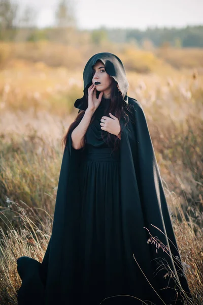 一个身穿黑色连衣裙的女孩 披着斗篷的斗篷 站在森林背景下的高干草地上 女巫服 撒旦师 亡灵法师 万圣节服装 — 图库照片
