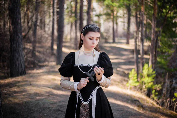 Retrato Una Joven Hermosa Mujer Con Vestido Medieval Negro Con —  Fotos de Stock