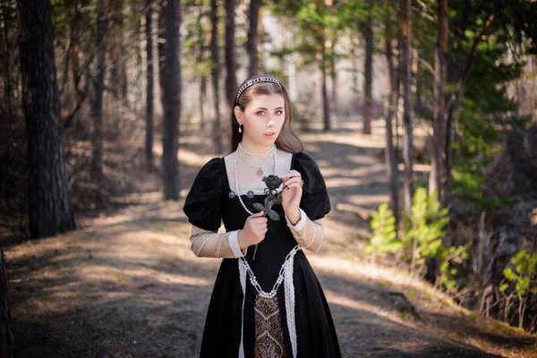 Portrait Young Beautiful Woman Black Medieval Dress Steel Rose Her — Stock Photo, Image