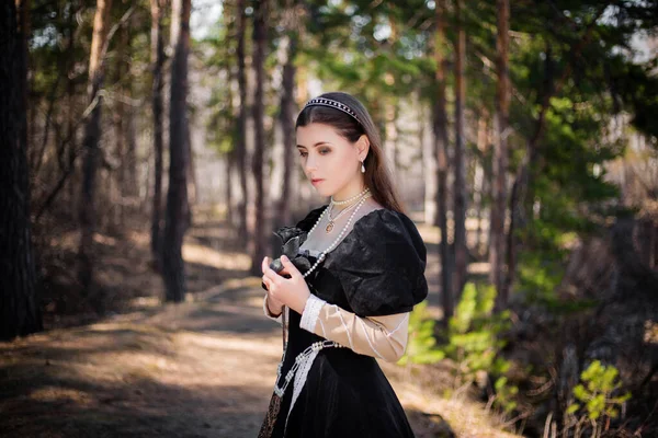 Retrato Uma Jovem Bela Mulher Vestido Medieval Preto Com Aço — Fotografia de Stock