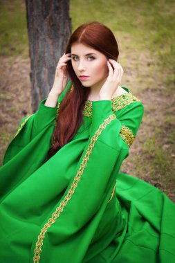 Yeşil, genç, kızıl saçlı, uzun kollu, altın taçlı, yeşil bir ortaçağ elbisesi giyen bir kız, bir peri ormanında çimlerin üzerinde oturuyor. Muhteşem bir fotodurgunluk. Temiz ciltli bir model..
