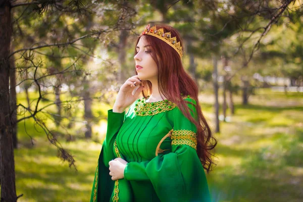 Beautiful Young Red Haired Girl Green Medieval Dress Long Sleeves — Stock Photo, Image