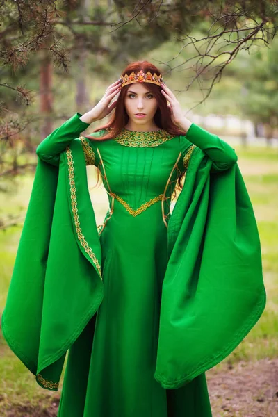 Beautiful Young Red Haired Girl Green Medieval Dress Long Sleeves — Stock Photo, Image