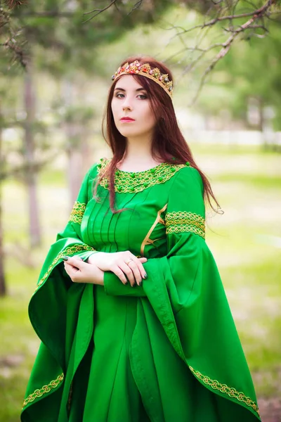 Beautiful Young Red Haired Girl Green Medieval Dress Long Sleeves — Stock Photo, Image