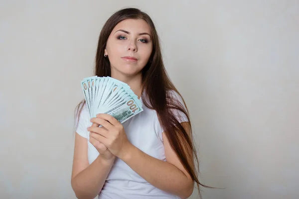 Young Beautiful Woman White Shirt Money Her Hands Isolated White — Stock Photo, Image