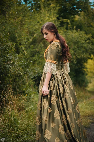 Beautiful Young Woman Green Rococo Dress Walk Park Model Clean — Stock Photo, Image