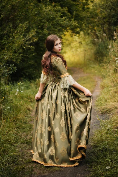 Beautiful Young Woman Green Rococo Dress Walk Park Model Clean — Stock Photo, Image