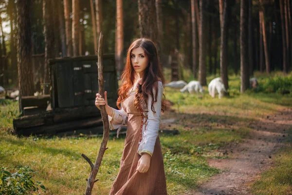 Młoda Piękna Dziewczyna Średniowiecznych Kowbojskich Ubraniach Kijem Ręku Boso Ziemi — Zdjęcie stockowe