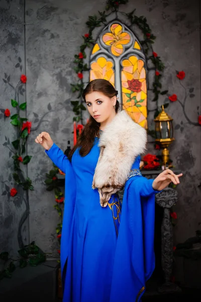 穿着中世纪蓝色连衣裙的年轻漂亮姑娘 肩上披着长长的袖子和毛皮 背靠着窗台 壁炉和花朵摆姿势 — 图库照片