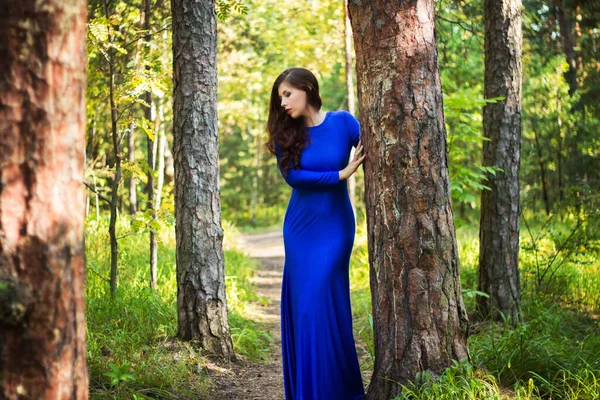 Hermosa Mujer Joven Vestida Con Vestido Azul Sobre Fondo Bosque — Foto de Stock