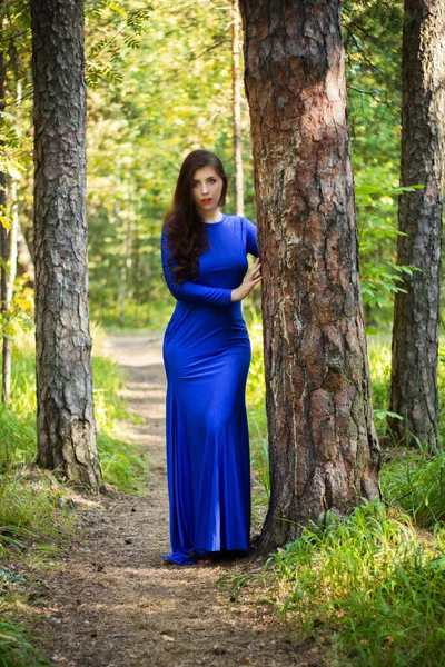 Mooie Jonge Vrouw Gekleed Een Blauwe Jurk Een Achtergrond Van — Stockfoto