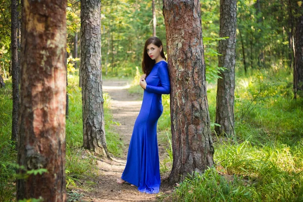 Hermosa Mujer Joven Vestida Con Vestido Azul Sobre Fondo Bosque — Foto de Stock