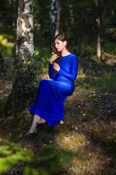 Mooie Jonge Vrouw Een Blauwe Jurk Zit Buurt Van Een — Stockfoto