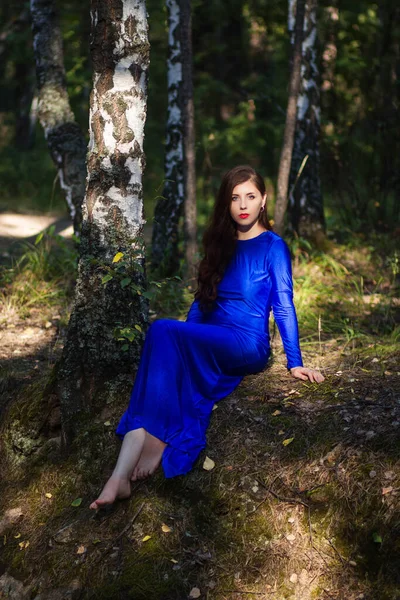 Mulher Bonita Jovem Vestido Azul Está Sentado Perto Uma Árvore — Fotografia de Stock