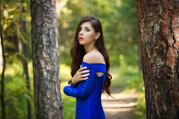 Portrait Une Belle Jeune Femme Robe Bleue Sur Fond Forêt — Photo