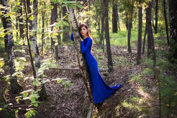 Hermosa Joven Mujer Vestido Azul Encuentra Cerca Árbol Sobre Acantilado — Foto de Stock