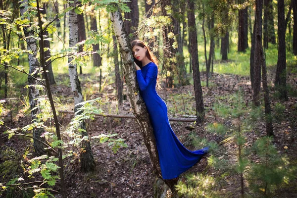 Hermosa Joven Mujer Vestido Azul Encuentra Cerca Árbol Sobre Acantilado — Foto de Stock