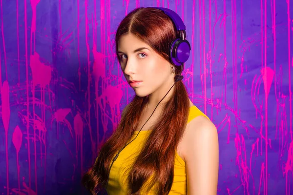 Portrait Young Beautiful Woman Long Hair Listening Music Headphones Studio — Stock Photo, Image