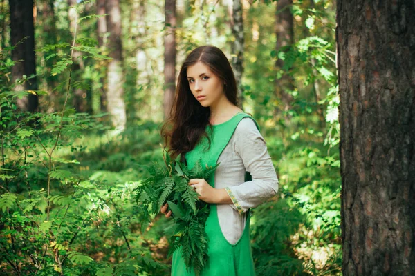 Eine Junge Attraktive Frau Einem Grünen Kleid Eines Mittelalterlichen Dorfbewohners — Stockfoto