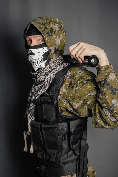 Unknown Man Robber Balaclava Skull Camouflage Uniform Body Armor Baseball — Stock Photo, Image