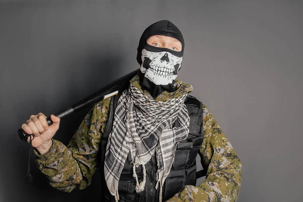 Unknown Man Robber Balaclava Skull Camouflage Uniform Body Armor Baseball — Stock Photo, Image