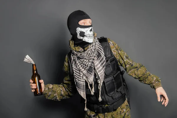 Man Balaclava Skull Pattern Dressed Camouflage Hood Bulletproof Vest Holding — Stock Photo, Image