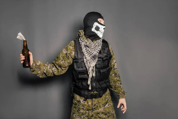 Man Balaclava Skull Pattern Dressed Camouflage Hood Bulletproof Vest Holding — Stock Photo, Image