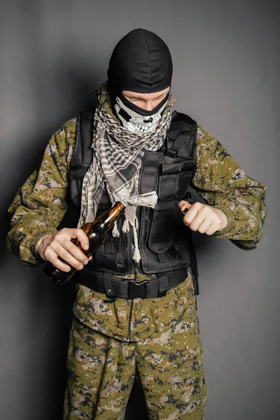 Man Balaclava Skull Pattern Dressed Camouflage Hood Bulletproof Vest Holding — Stock Photo, Image