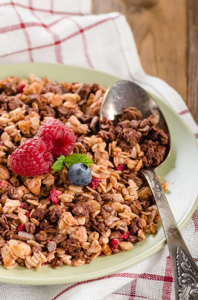 Granola Tazón Fondo Madera Desayuno Saludable — Foto de Stock