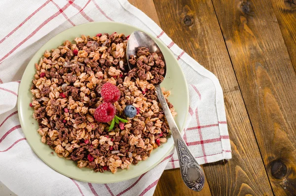 Muesli Een Kom Houten Achtergrond Gezond Ontbijt — Stockfoto