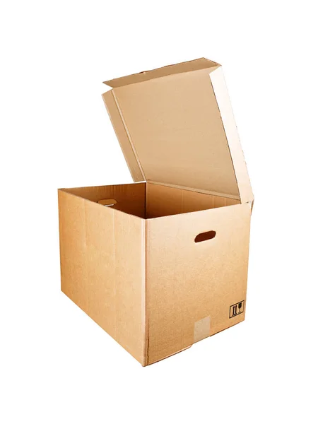 Открыть картонную коробку на белом фоне — стоковое фото