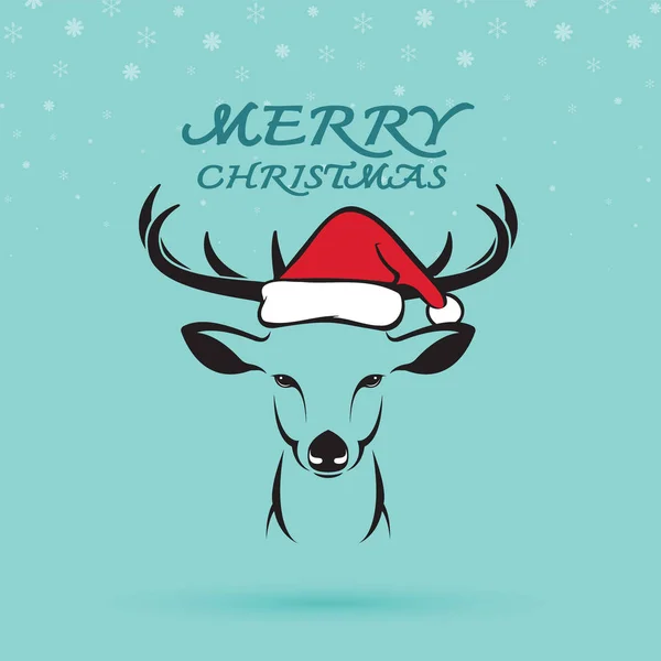 Imagen vectorial de un ciervo y sombreros de santa sobre fondo azul. ¡Feliz! — Vector de stock