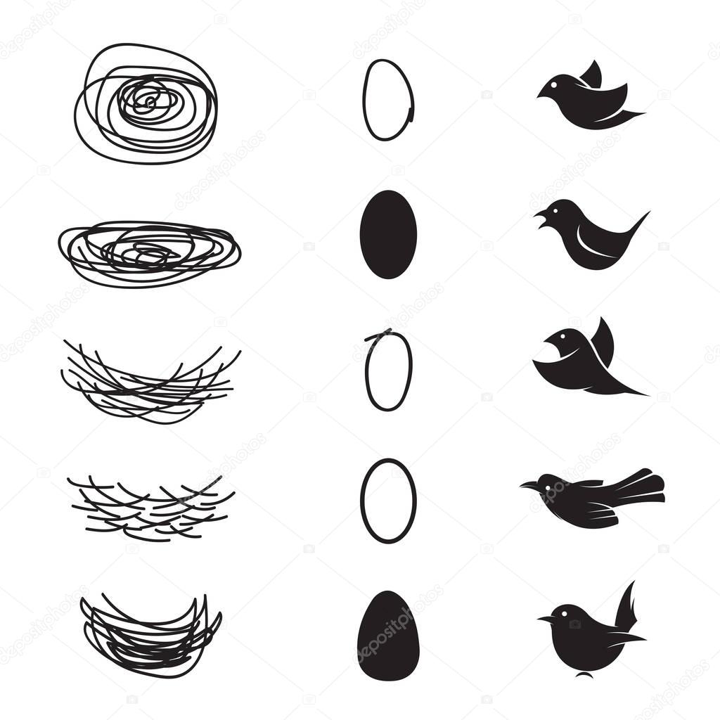 Vector of bird's nest and eggs and birds on white background.