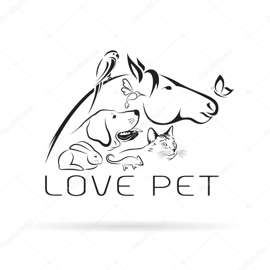 Vector group of pets - Horse, dog, cat, bird, butterfly, chameleon ,rabbit isolated on white background. Pet Icon.