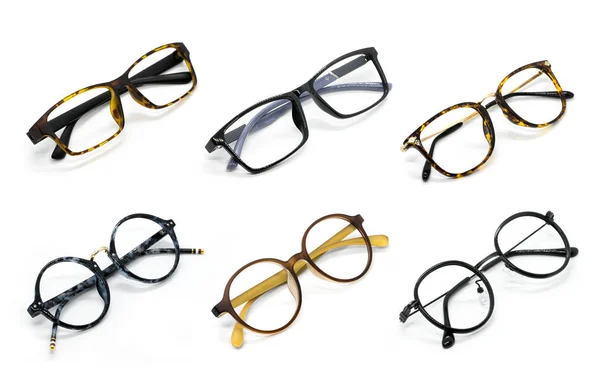 Group of modern fashionable spectacles isolated on white backgro — Stock Photo, Image