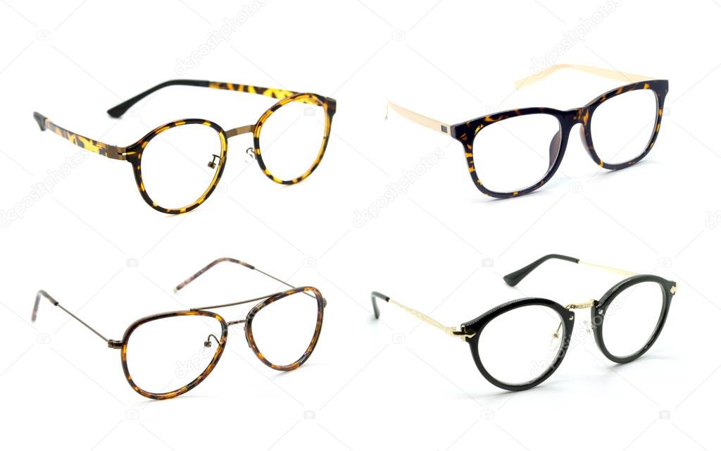 Group of modern fashionable spectacles isolated on white backgro