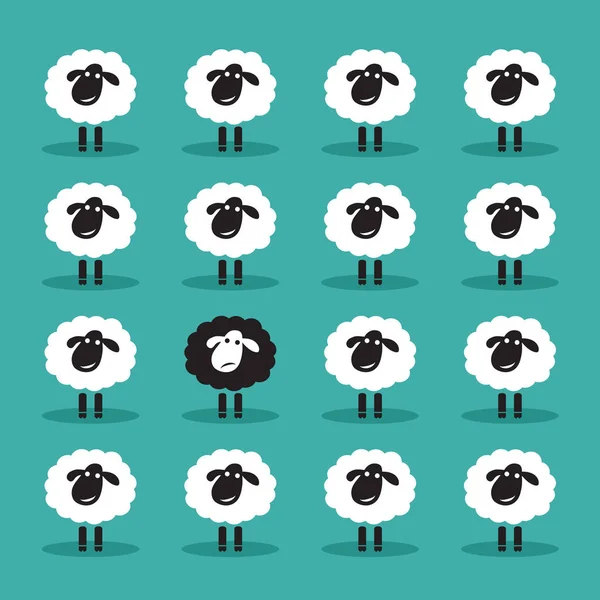 Vettore di singole pecore nere nel gruppo di pecore bianche. Animale. Dissi — Vettoriale Stock