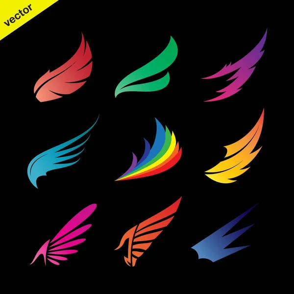 Vector colorful wing icons set on black background., vector of w — Stock Vector