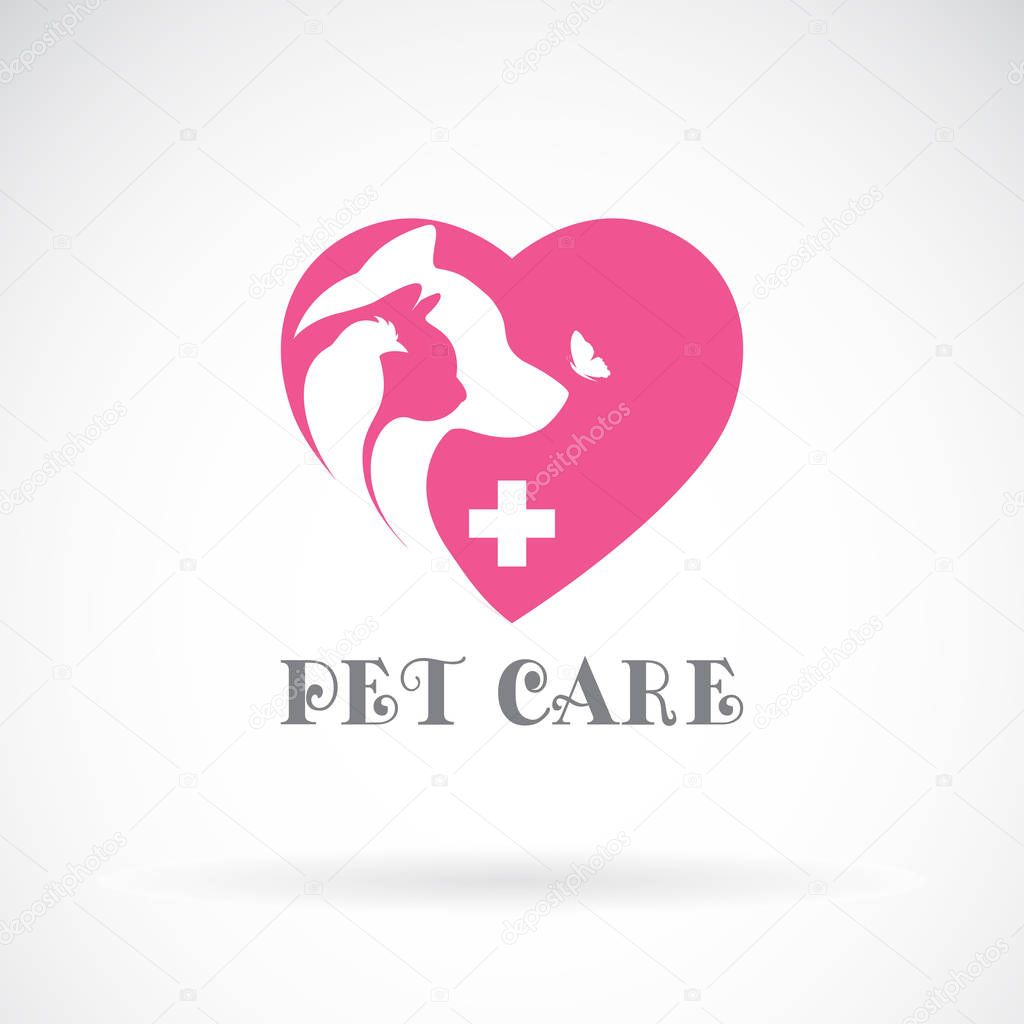 Vector of bird, cat, dog and butterfly in pink heart shape.