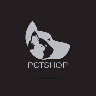 Siyah arka planda evcil hayvan tasarımı taşıyıcısı. Petshop, Dog, Cat, Rabbit, Animal Logo. Kolay düzenlenebilir vektör çizimi. Evcil hayvan grubu.