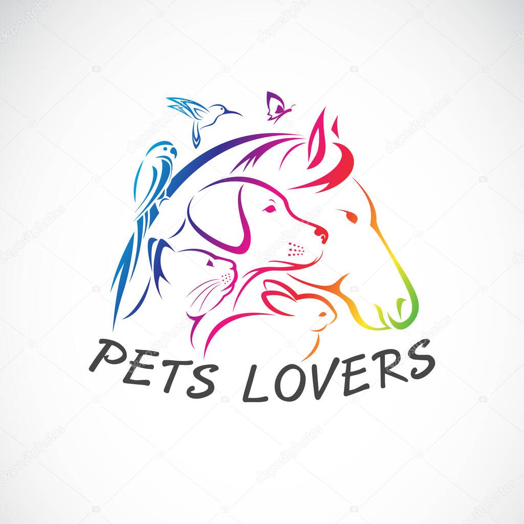 Vector group of pets - Horse, Dog, Cat, Humming bird, Parrot, Butterfly, Rabbit isolated on white background. Pet Icon or logo, Easy editable layered vector illustration. Animal group.