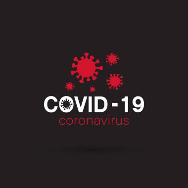 Siyah arka planda Covid-19 Coronavirus konsepti. Romantik koronavirüs salgını. Covid-19 Simgeleri veya logoları. Kolay düzenlenebilir vektör illüstrasyonu. 