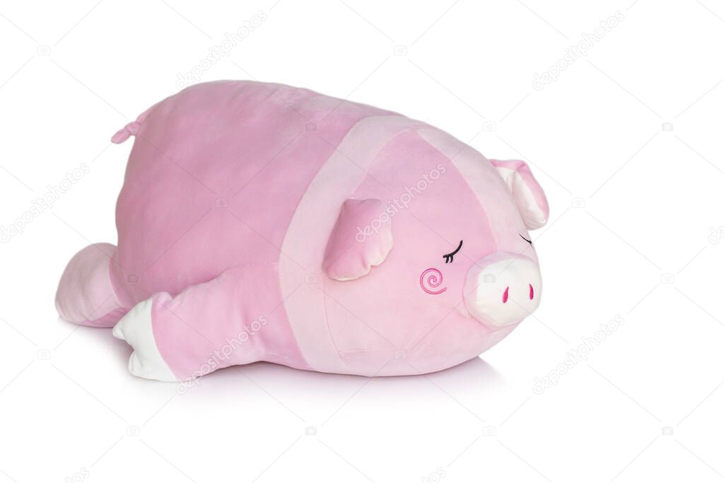 Image of pink pig doll isolated on white background. Animal dolls.