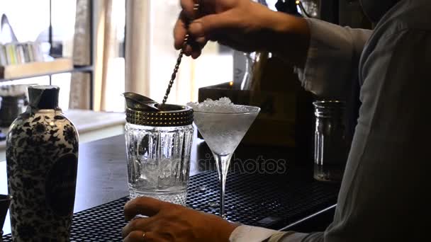 Close Male Hands Cooling Metal Spoon Make Fresh Cocktails — Stock Video