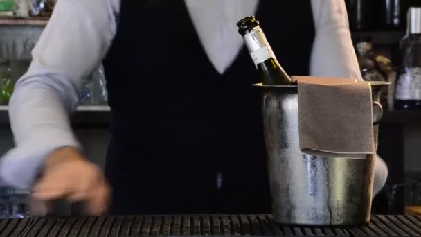 Close Male Hands Putting Cold Champagne Glasses Table — Stock Video